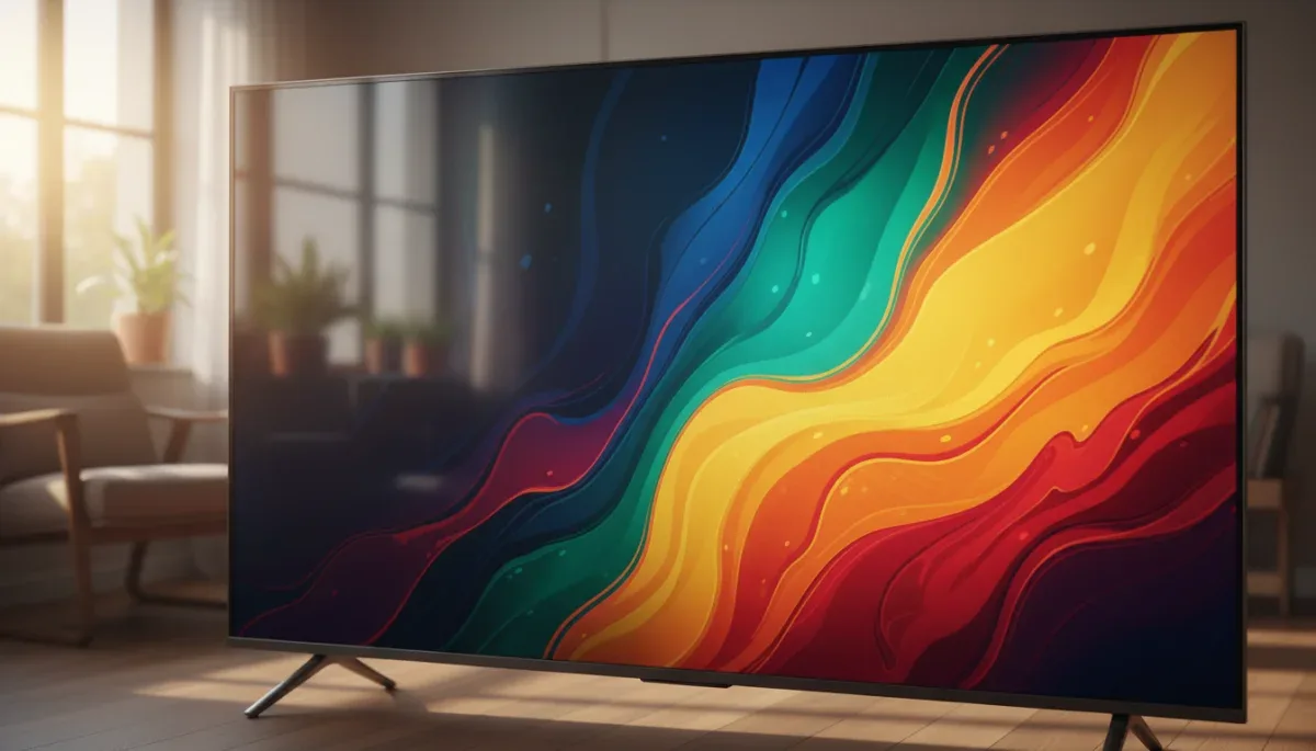 Detailed close-up of a vibrant television screen operating under bright ambient room lighting.