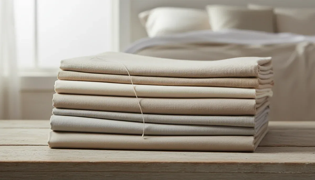 Folded cotton sheets comparing the matte finish of percale with the subtle luster of sateen.