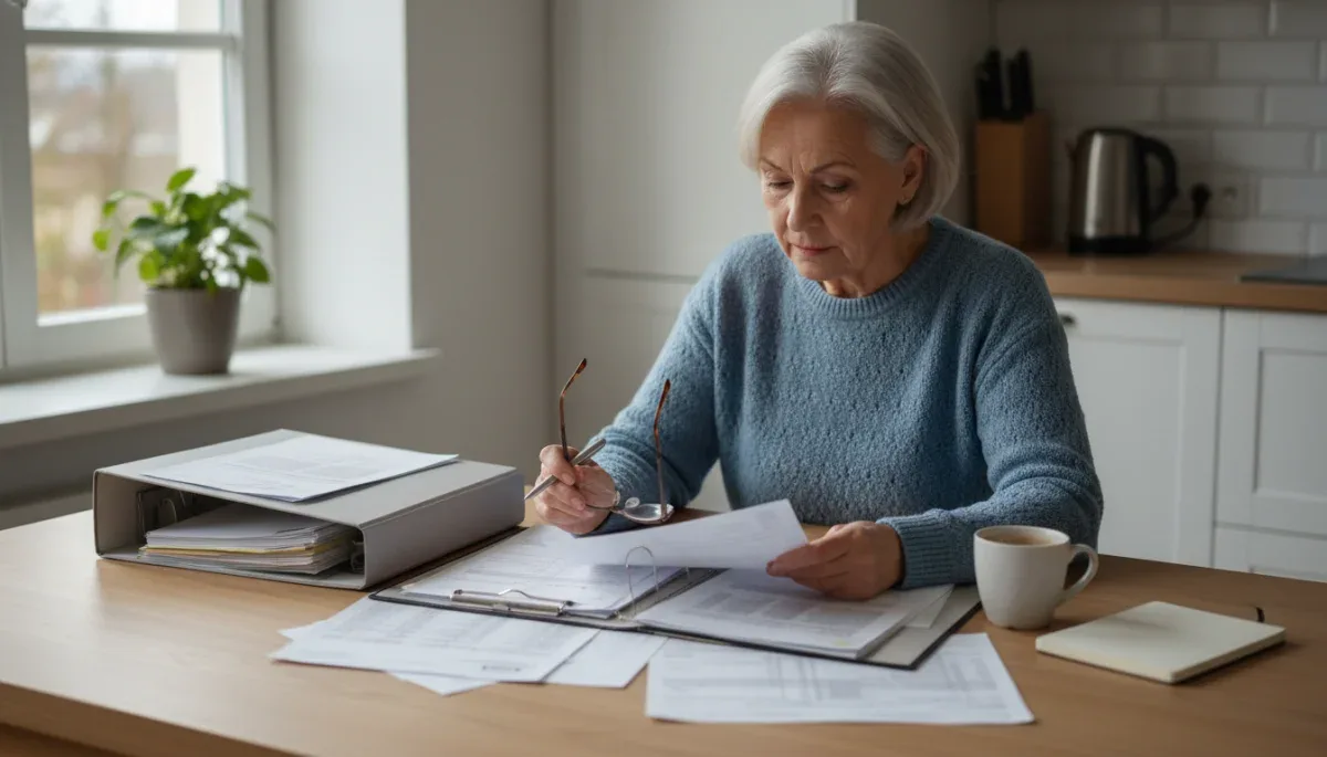 Person reviewing personal financial documents and benefit guidelines at a table.