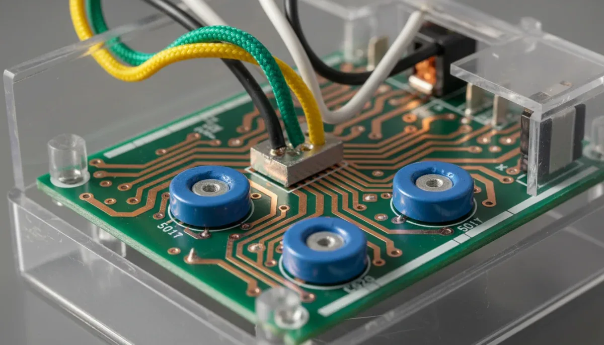Internal electronic components of a surge protector showing circuit board and metal oxide varistor components.