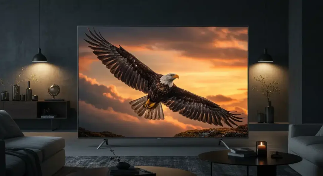 Modern 8K TV in living room showing high-resolution content