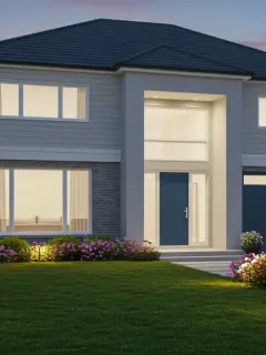 Modern home exterior with manicured landscaping and updated front entrance