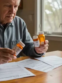 Senior citizen reviewing Medicare Part D prescription drug documents at home
