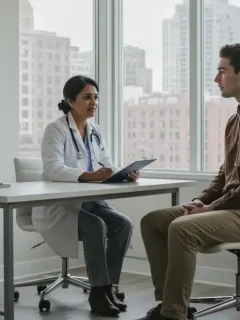 Doctor and patient discussing healthcare options in a modern consultation room