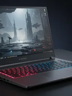 Futuristic gaming laptop with ray tracing graphics showing realistic lighting and shadows