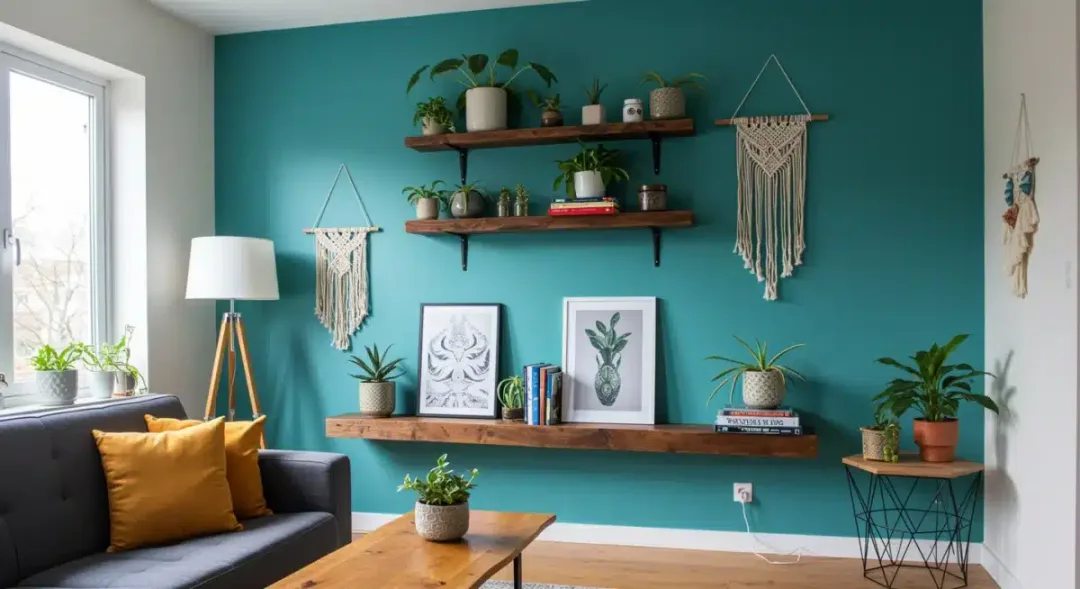 Transformed living room with DIY home projects including custom shelving and accent wall