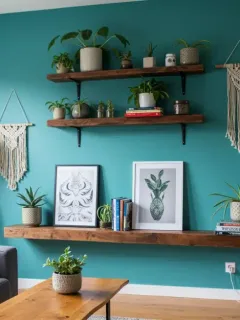 Transformed living room with DIY home projects including custom shelving and accent wall