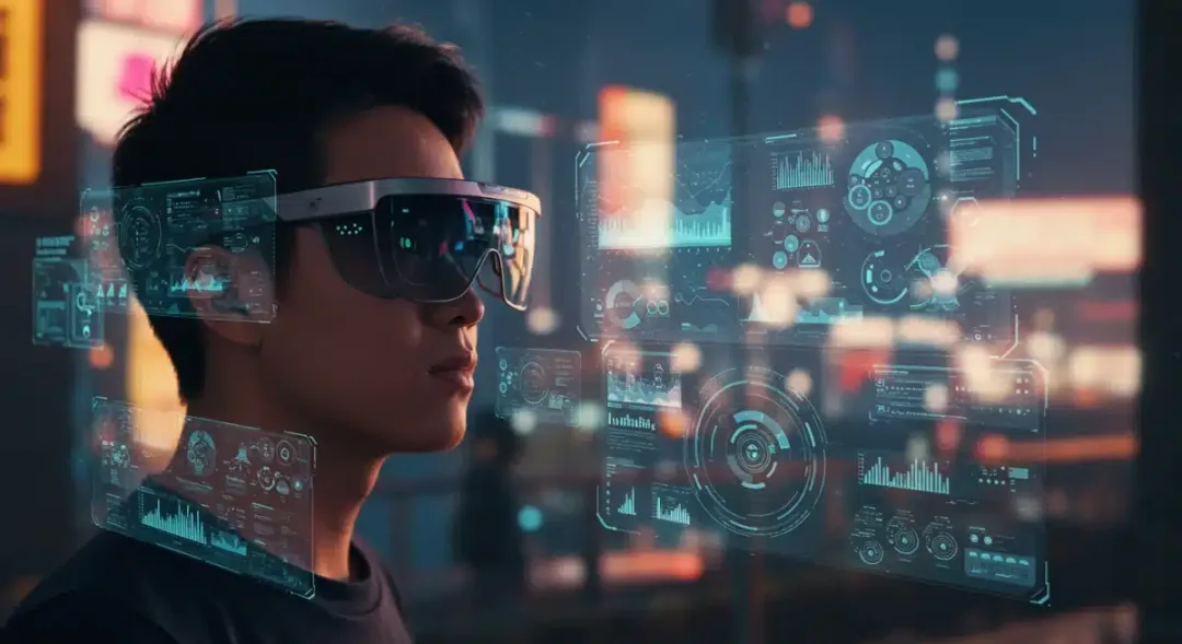 Modern AR glasses wearer viewing holographic displays in urban environment