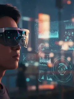 Modern AR glasses wearer viewing holographic displays in urban environment