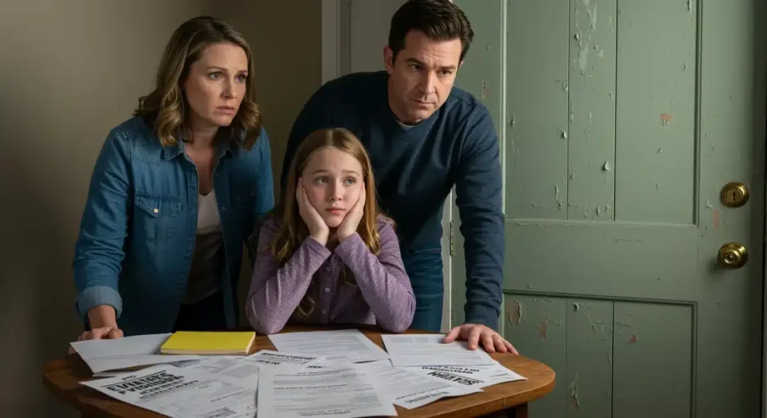 Worried family reviewing rental assistance documents at home