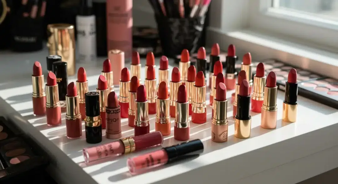 Collection of lipstick shades on vanity table for longevity testing