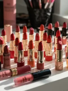 Collection of lipstick shades on vanity table for longevity testing