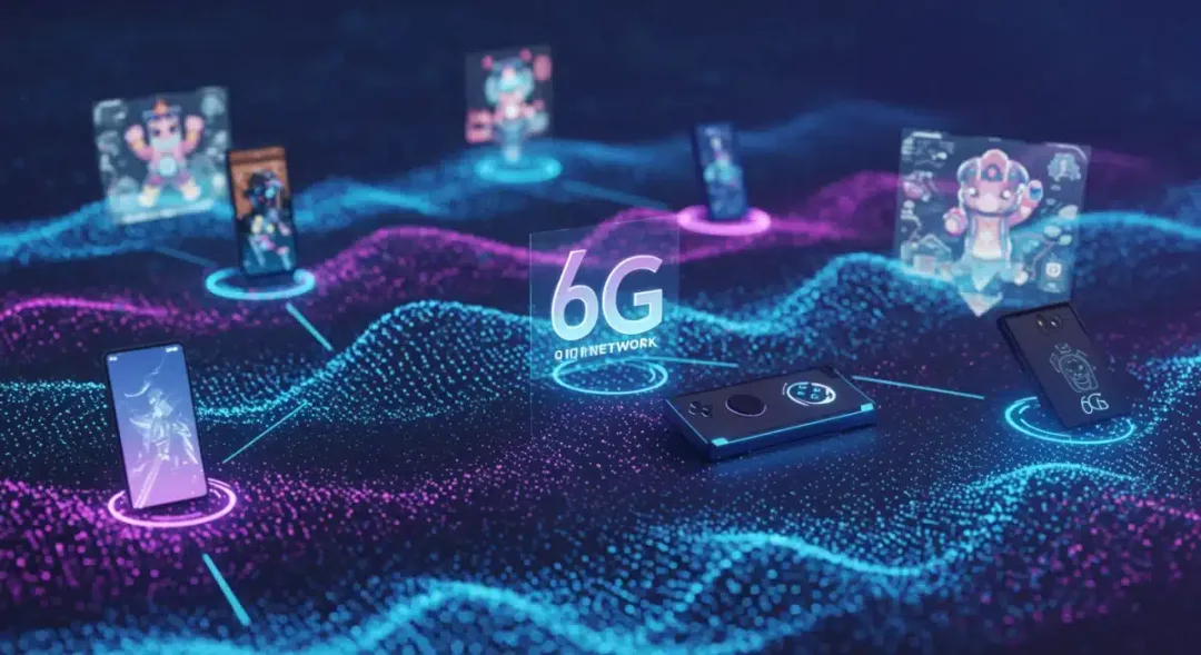 Futuristic 6G network concept connecting mobile devices with digital waves and holographic gaming elements