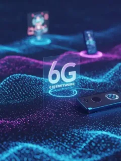 Futuristic 6G network concept connecting mobile devices with digital waves and holographic gaming elements