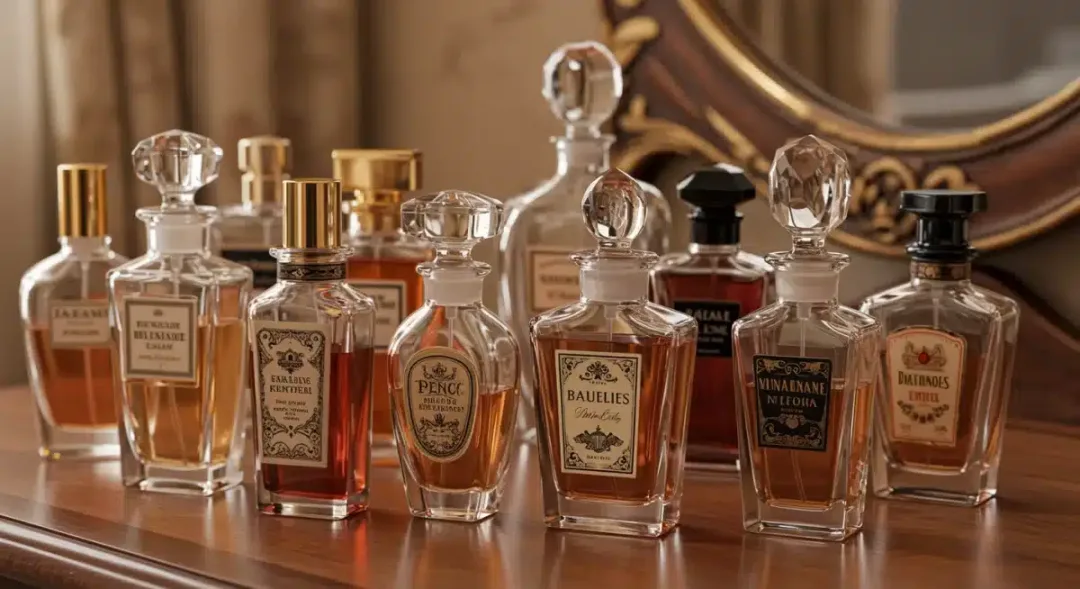 Collection of perfume bottles on vanity table