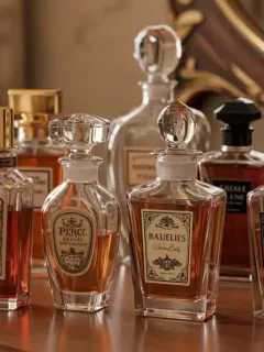 Collection of perfume bottles on vanity table