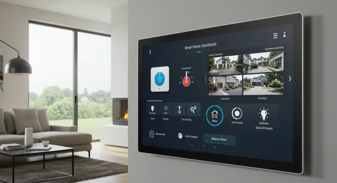 Smart home automation dashboard with connected devices in modern living room