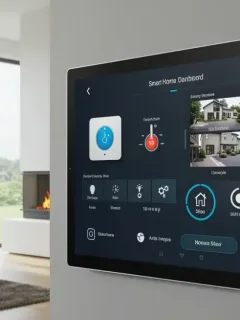 Smart home automation dashboard with connected devices in modern living room