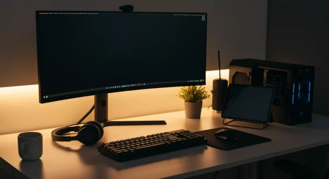 Modern remote work home office setup with latest gadgets and technology