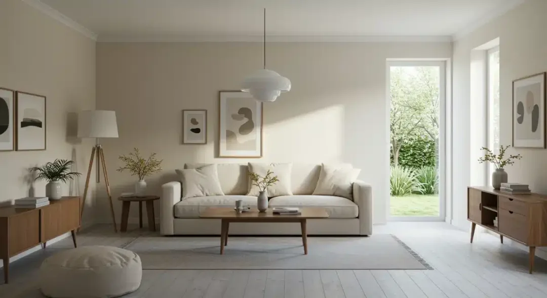Modern low-maintenance living room with clean surfaces and minimal decor