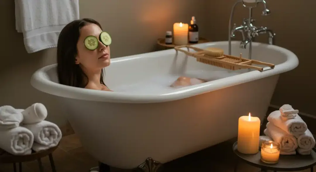 Woman enjoying DIY spa day at home with cucumber eye treatment and candles