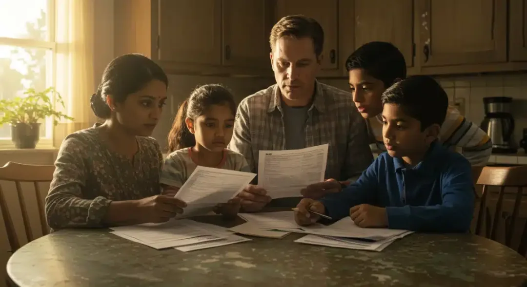 Family reviewing tax documents at kitchen table