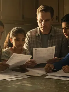 Family reviewing tax documents at kitchen table