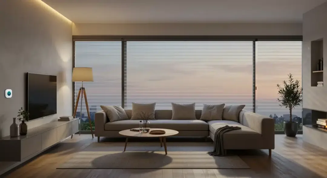 Modern smart home living room with automated technology and sustainable design elements