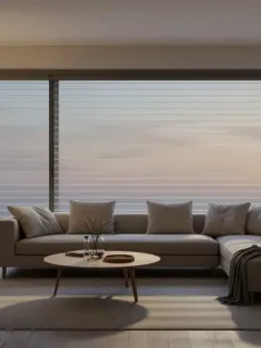 Modern smart home living room with automated technology and sustainable design elements