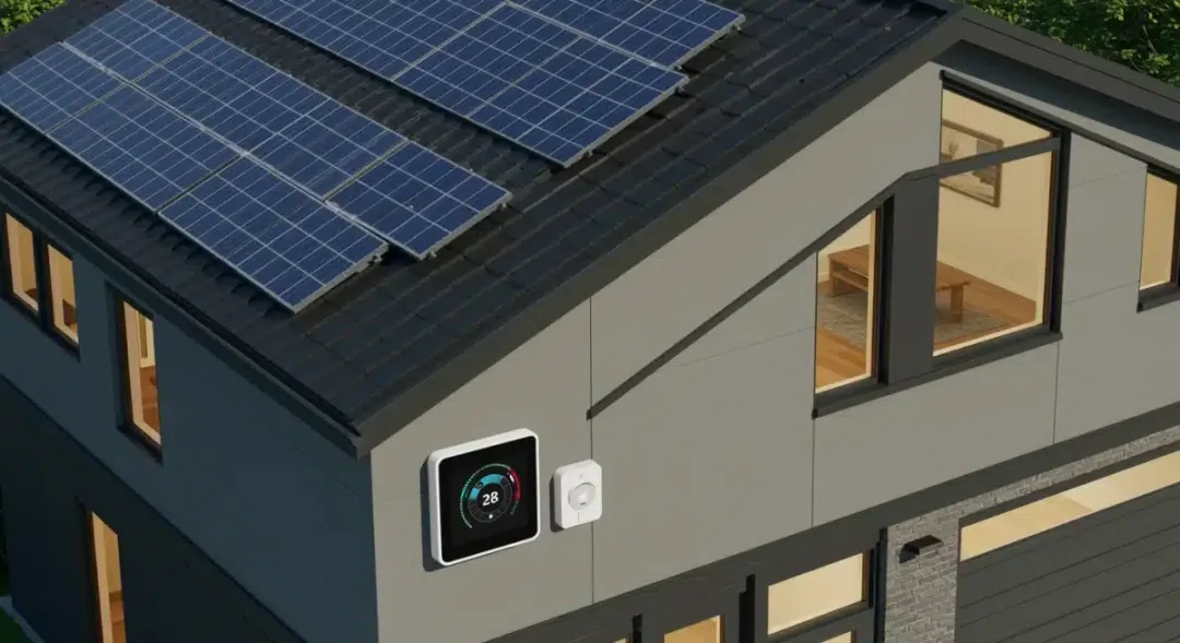 Modern energy-efficient home with solar panels and smart thermostat representing federal tax credits for 2026
