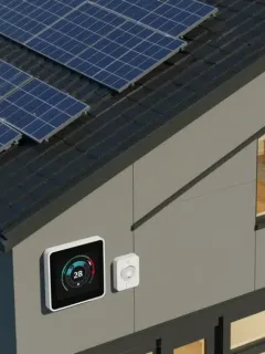 Modern energy-efficient home with solar panels and smart thermostat representing federal tax credits for 2026