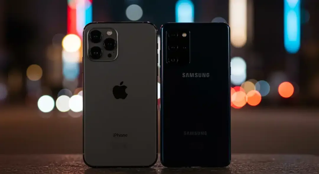 iPhone 18 Pro Max and Samsung Galaxy S36 Ultra flagship smartphones side by side in low-light setting
