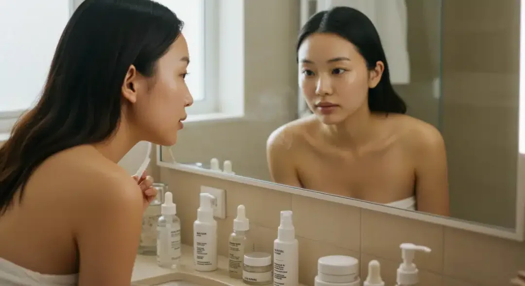 Woman with clear skin checking her reflection after following an acne-fighting skincare routine