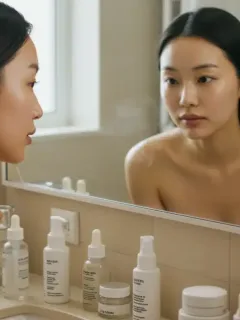 Woman with clear skin checking her reflection after following an acne-fighting skincare routine
