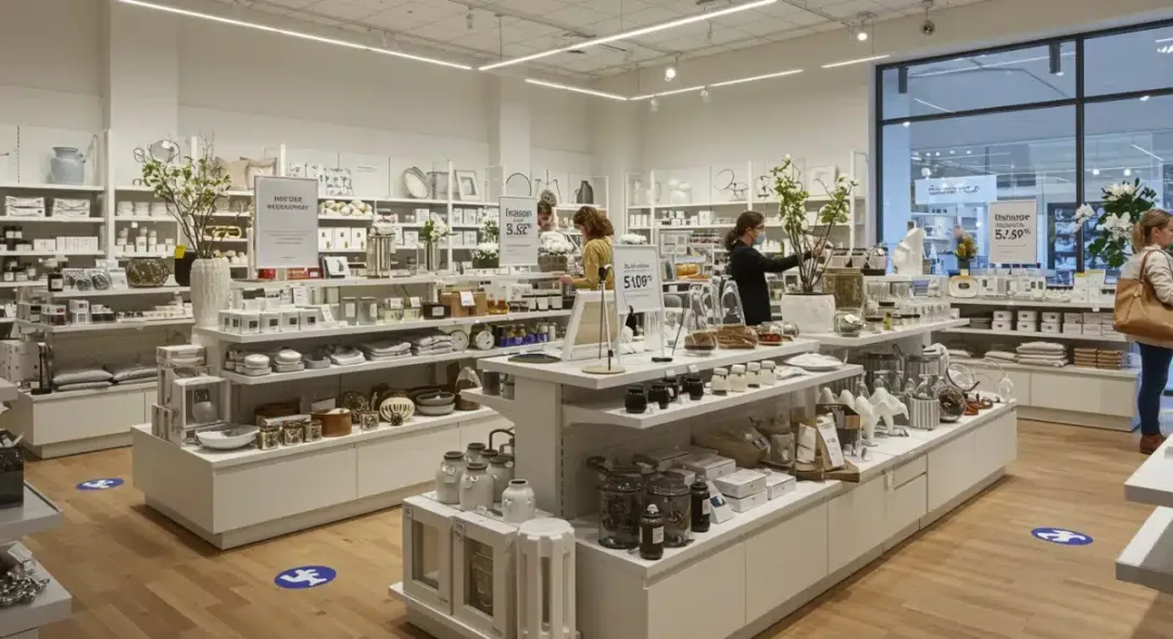 Modern home goods store interior with organized shelves and decor items
