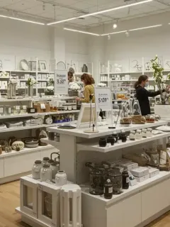 Modern home goods store interior with organized shelves and decor items