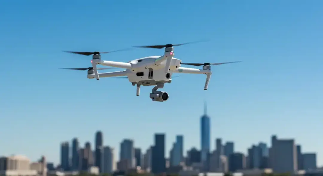 Modern drone technology hovering in urban setting demonstrating flight capabilities