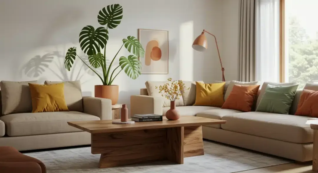 Modern living room with sustainable furniture and indoor plants showing 2025 home decor trends