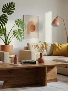 Modern living room with sustainable furniture and indoor plants showing 2025 home decor trends