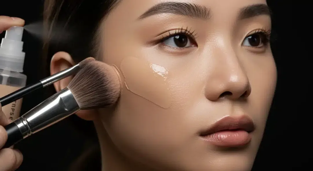 Professional makeup application showing flawless foundation base with setting spray