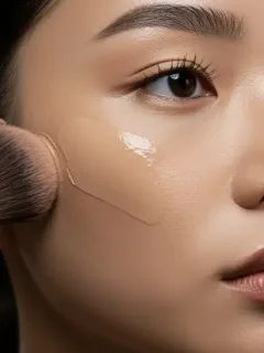 Professional makeup application showing flawless foundation base with setting spray