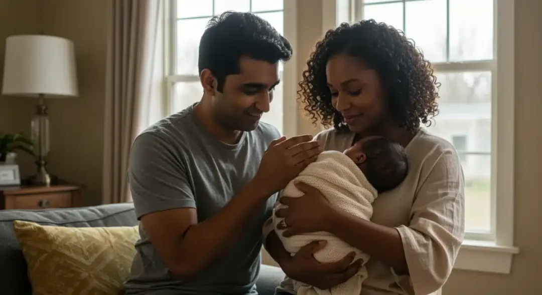 Happy family with newborn baby at home, representing paid family leave benefits for new parents