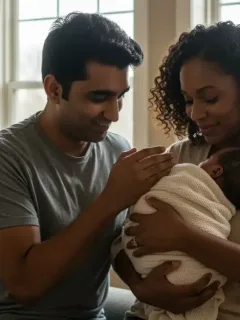 Happy family with newborn baby at home, representing paid family leave benefits for new parents