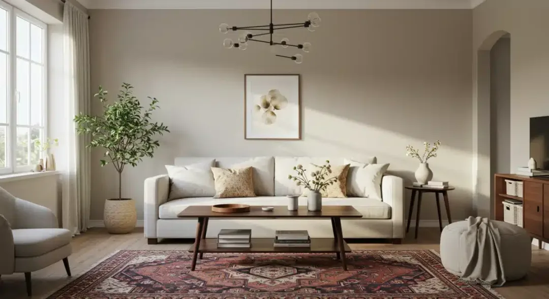 Bright and organized living room with clean surfaces and proper home organization