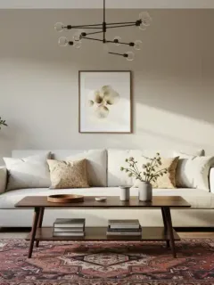 Bright and organized living room with clean surfaces and proper home organization