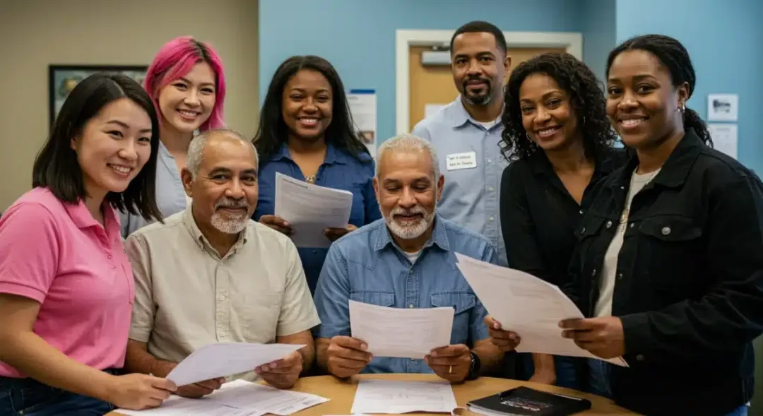 Diverse group of people at community health center reviewing Medicaid coverage information