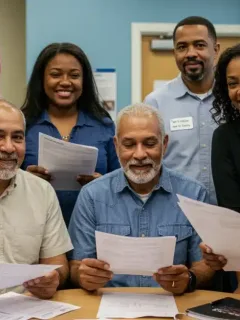 Diverse group of people at community health center reviewing Medicaid coverage information