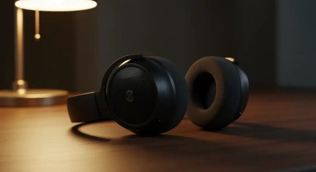 Premium noise-canceling headphones on modern desk with soft lighting
