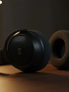 Premium noise-canceling headphones on modern desk with soft lighting