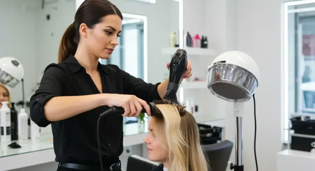 Hairstylist performing a blowout in a modern salon setting